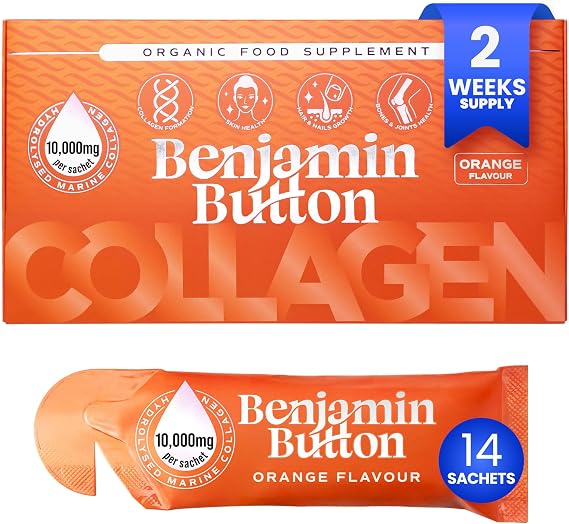 14x Marine Collagen Liquid Sachets - 10,000mg Hydrolysed Type 1 with Vitamin C | Skin, Hair, Nails | Orange Flavor | 2-Week Supply | Higher Absorption vs. Powder/Tablets - Benjamin Button®