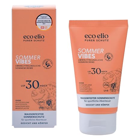 eco elio SPF 30 Sun Cream 75 ml Summer Vibes Waterproof without Octocrylene and Microplastics Coconut Fragrance Sunscreen for Face and Body