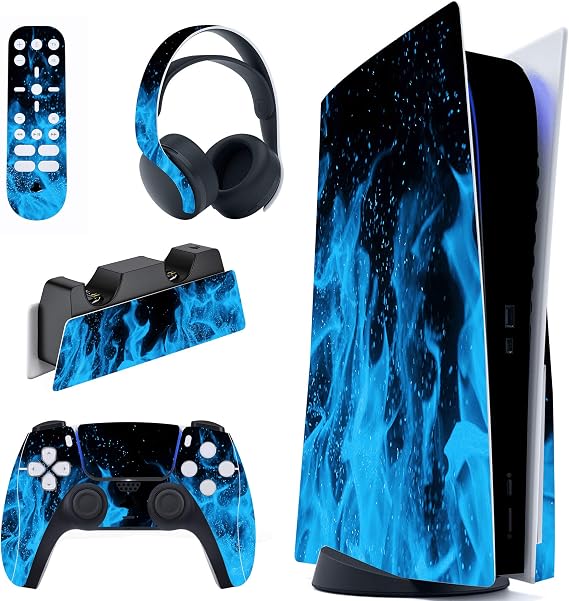 PlayVital Blue Flame Full Set Skin Decal for ps5 Console Disc Edition,Sticker Vinyl Decal Cover for ps5 Controller & Charging Station & Headset & Media Remote | Sticker for PS5 Console Disc Edition & Charging Station & Headphones & Remote Control