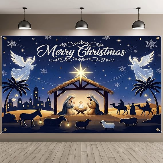 Nativity Large Backdrop Banner Christmas Nativity Sets Light Up Christmas Canvas Pictures Nativitys Figures Outdoor Scene New Year Decorations Holiday Decoration Supplies Christma Wall Decorations