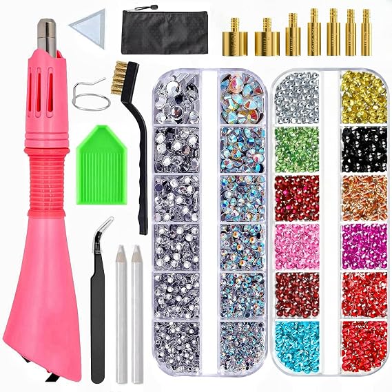 Baxczomx Hotfix Rhinestone Applicator, Hotfix Strass Stones Applicator with 7 Tips, 3 Boxes of Rhinestones, Applicatore Strass Thermoadesivi for Clothes Trousers, Hat (Pink)