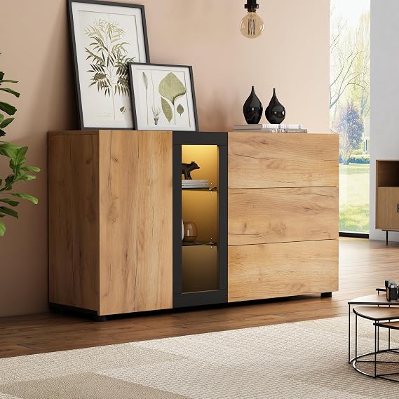 Modern Sideboard, Side Cabinet, Buffet Cabinet, Sideboard with 3 Drawers, Accent Console Table Storage Cabinet with Glass for Living Room, 140 * 40 * 80cm