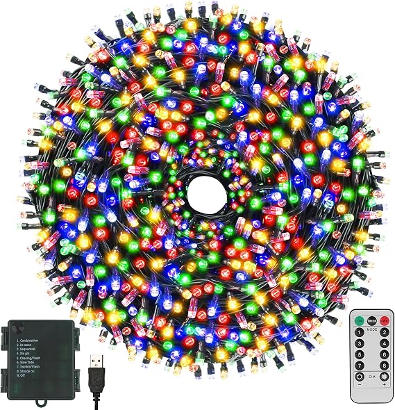 クリスマスライト 2個パック 合計66フィート 200led クリスマスツリーライト タイマーメモリー機能 Usb&バッテリー駆動 防水 クリスマス装飾ライト 持ち運び簡単 屋内外用 マルチカラー