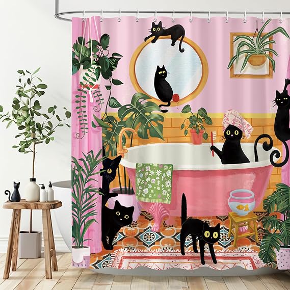 Dazzlewall Pink Cat Shower Curtain for Bathroom Mould & Mildew Resistant