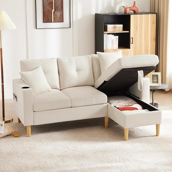 Sofa Couch 3-Seater Sofa L Shape with Hidden Storage Space and Drink Holder for Living Room Easy Assembly 175 x 129 x 90 cm Beige