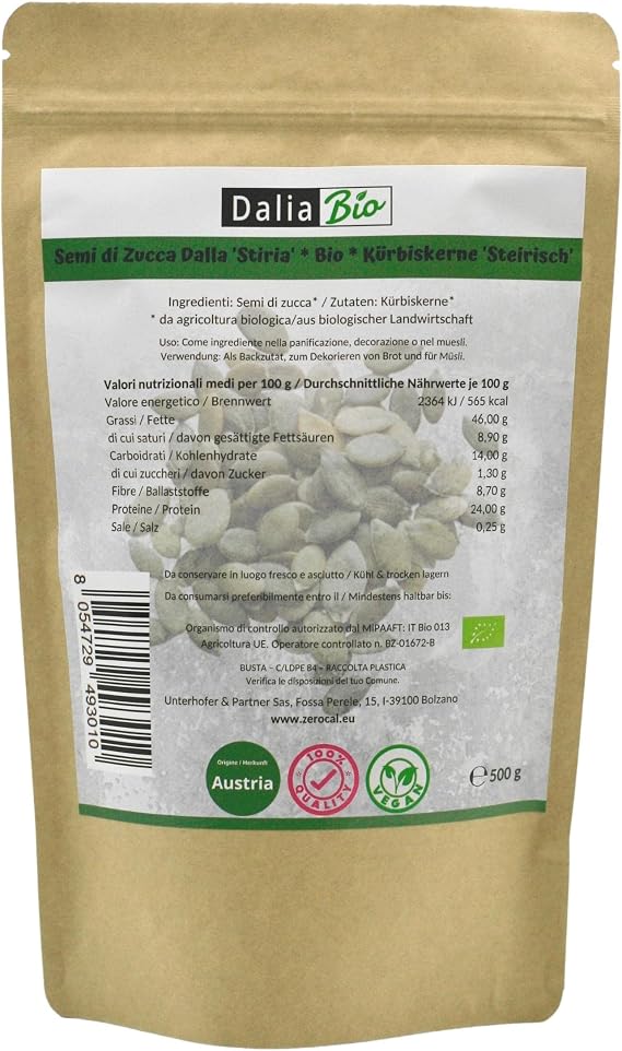 Dahlia Bio - Organic Raw Pumpkin Seeds without Shell 500g - Origin Austria (Styria) | Natural, Salt Free