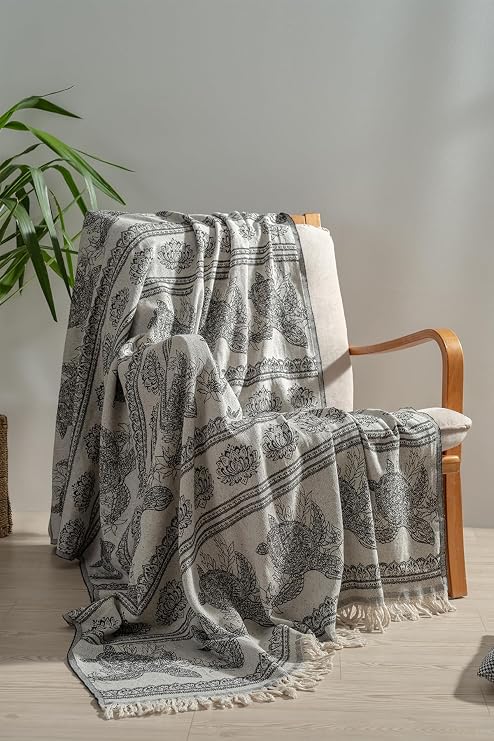 RAYME TEKSTIL%100 Pamuk Çok Amaçlı Örtü, Koltuk Şalı ve TV Battaniyesi, 130x170 cm, Dekoratif Ev Tekstili (Siyah, CARETTA)