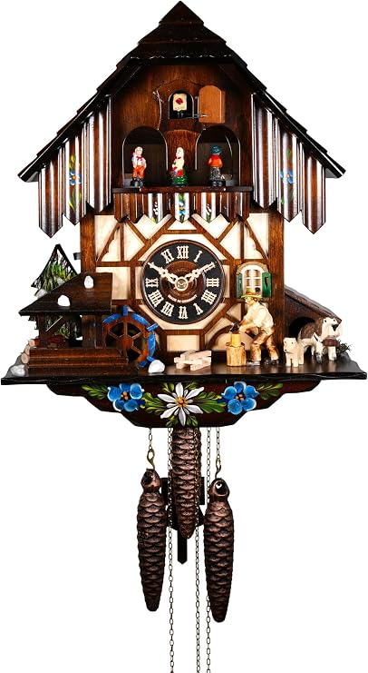 Engstler Cuckoo Clock Black Forest house with moving wood chopper and mill wheel