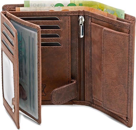 FA.Volmer® Genuine Buffalo Leather Wallet, Large Wallet for Men and Women, RFID Protection with TÜV Certification, Colour: Brown, Vertical Format