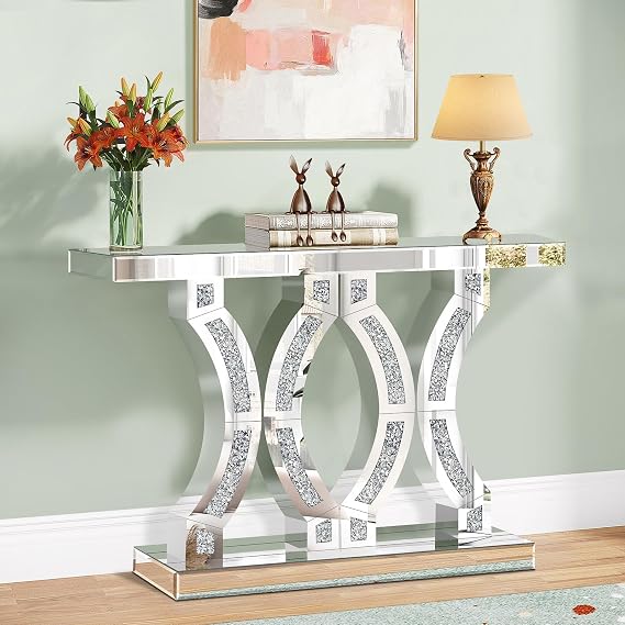 Silver Mirrored Console Table with Crushed Diamond Inlay, 39.37" Long Narrow Hallway Table for Entryway Foyer, Modern Glass Sofa Tables for Living Room