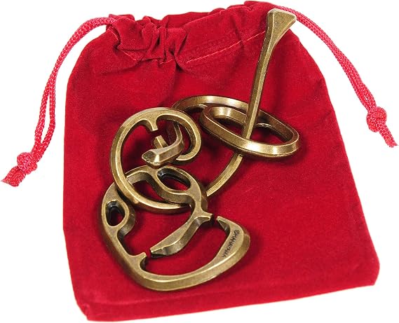 Deluxe Enigma Hanayama Döküm Metal Zeka Tanıtıcı Yapbozu, Seviye 6 Zorluk Derecesi, Kırmızı Kadife İpli Kese, Paketlenmiş Ürünler
