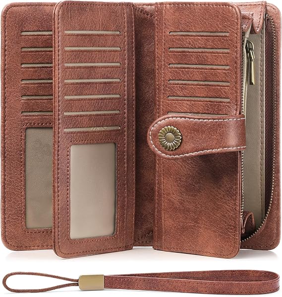 SENDEFN Genuine Leather Purses for Women, RFID Large Ladies Purse, Wallet for Women with Wrist Strap