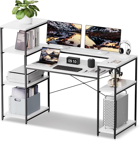 HYPIGO Computer Desk with Storage Shelves, 63 Inch Teen Desk with Bookshelf, Home Office Desk for Study, Writing, PC Work, Gaming, White