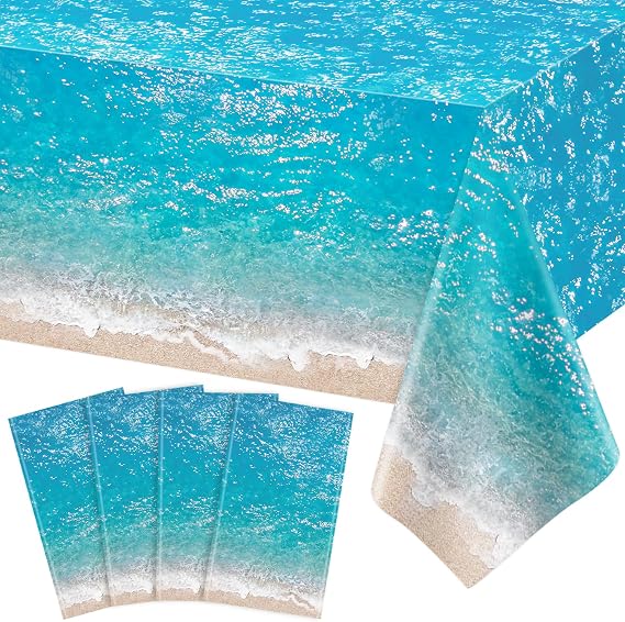 4Pcs Ocean Waves Tablecloth Ocean Table Cover Water Print Table Cover 51x86 Inch Rectangle Sea Tablecloth Blue for Beach Pool Birthday Party Decoration Shower Supplies