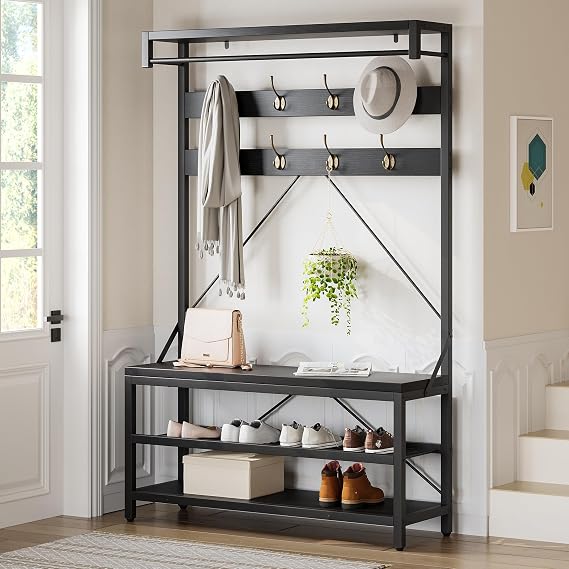 Coat Rack with Shoe Storage Bench, Hallway Storage Unit, Black