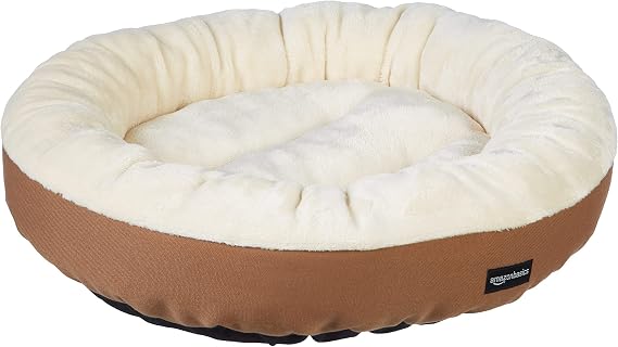 Amazon Basics Round Dog Cat Bed with Flannel Top, 50 x 20 x 6 cm, Brown and Ivory