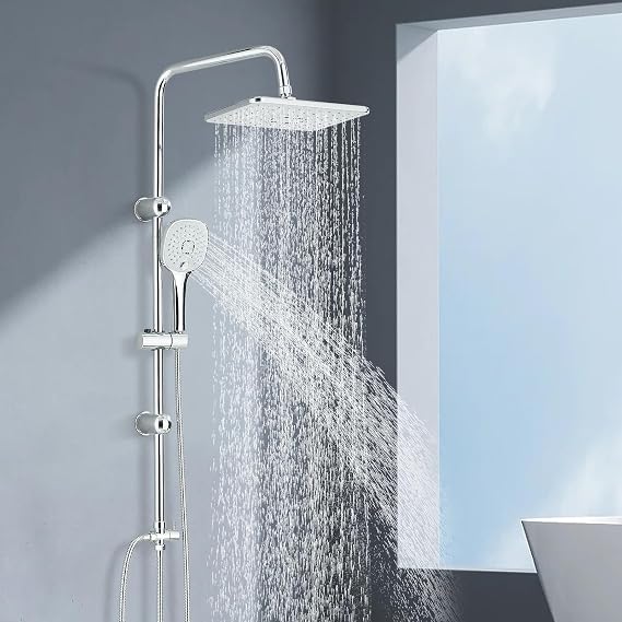 Rozin Shower Rail Kit Chrome Square Rainfall Shower Head 29 * 19cm and 3 Functions Handheld Shower Without Mixer Stainless Steel Easy Install