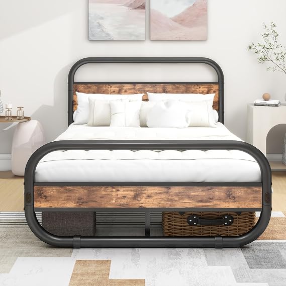 Double Bed Frame with Headboard, 120 x 200 cm, Brown, Wood & Metal, Retro-Industrial Style MDF & Steel, Easy Assembly, Under-Bed Storage
