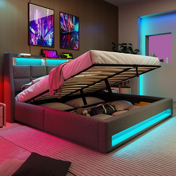 Upholstered Ottoman Bed with LED Lighting & USB Tyep-C Charging Station, 4ft6 Double Bed Frame with Storage Headboard & Slats, Linen Fabric Hydraulic Lift Up Functional Storage Beds,No Mattress,Grey