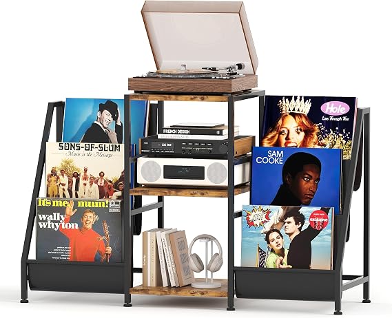 CAIYUN Record Player Stand Storage with 3-Tier and Fabric Drawer, Turntable Table Holds Up to 280 Albums, Cabinet CD Rack for Living Room, Retro Side Table, Rustic Brown Display Shelf