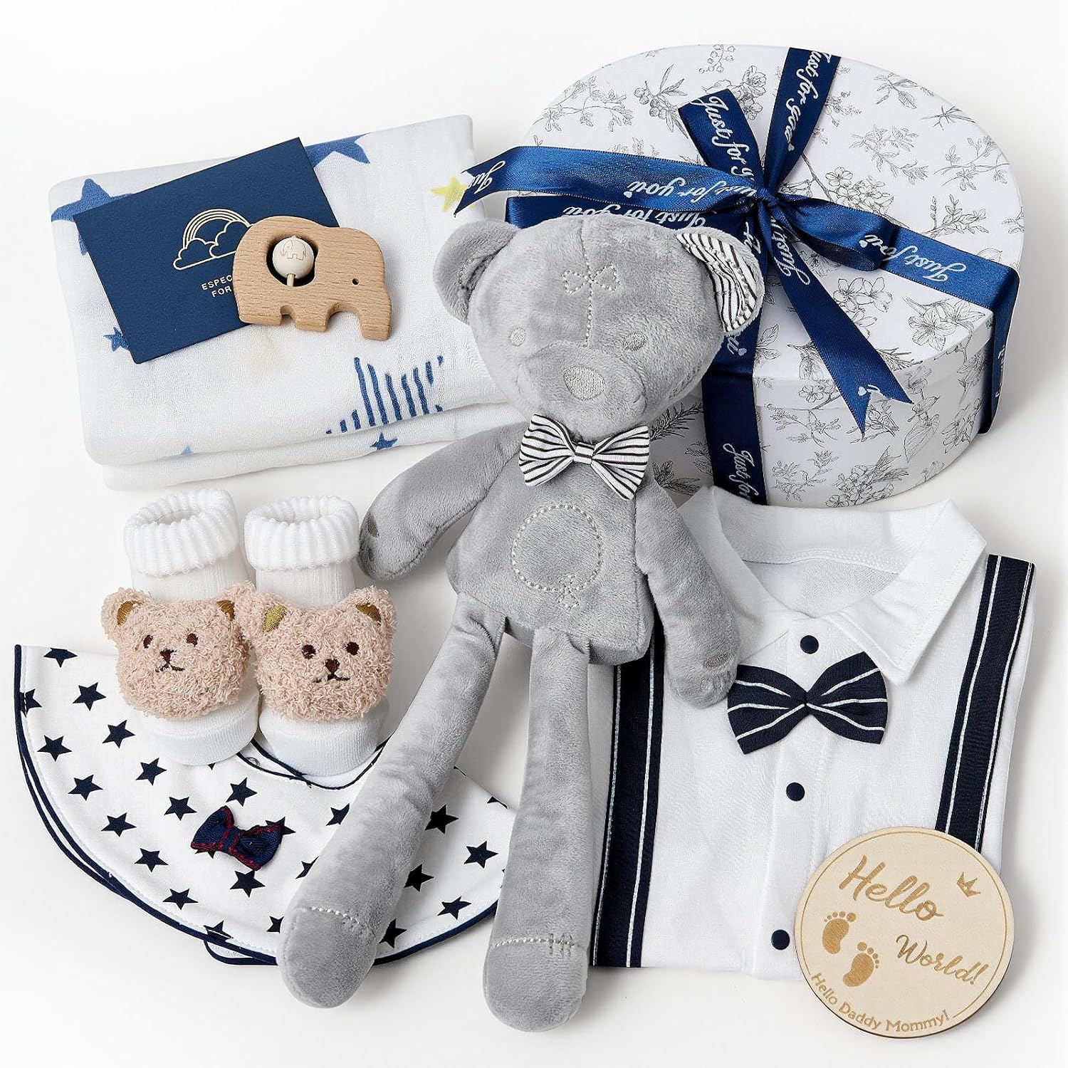 Baby Geschenk Jungen Neugeborenen Geschenke zur Geburt Junge Baby Strampler Kuscheltier Bär Lätzchen Decke Socken Holzrassel Geschenkbox Grußkarten Babygeschenke Baby Shower Babyparty Geschenk