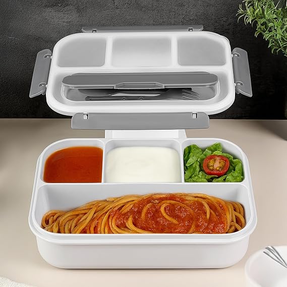 Sızdırmaz Contalı Yemek Kabı - 4 Bölmeli Çatal Kaşıklı Diyet Beslenme Kutusu Lunch Box Gri