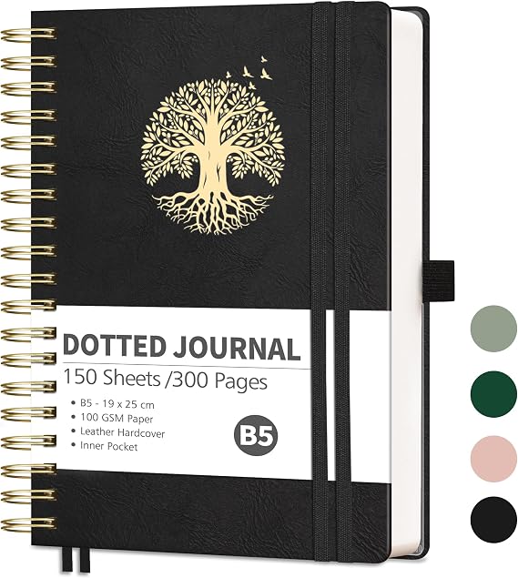 RETTACY B5 Spiral Notebook, Dotted Journal, 300 Pages, Black