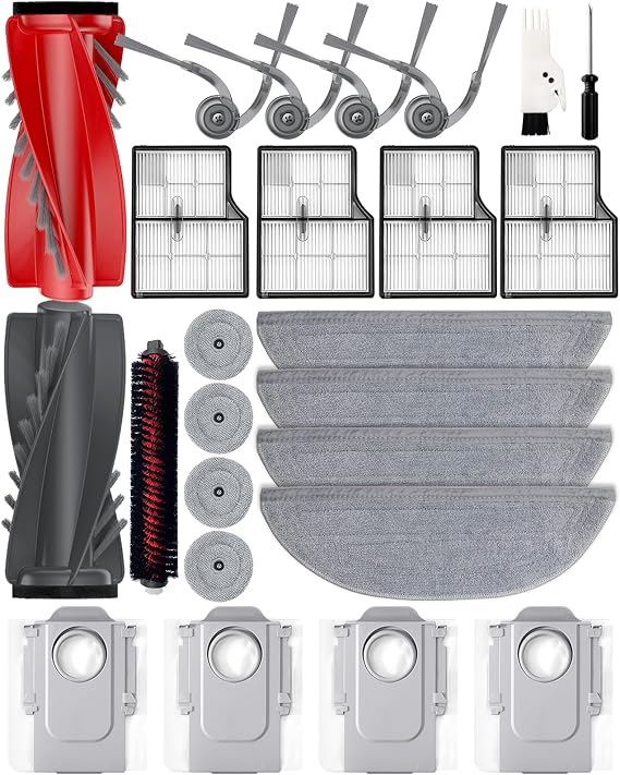Saros 10 Accessories for Roborock Saros 10 Robot Vacuum Cleaners 25 Pieces 2 Main Brushes 4 Side Brushes 4 Dust Bags 4 HEPA Filters 4 + 4 Mop Pads with Double Vibration 1 Self-Cleaning Brush etc