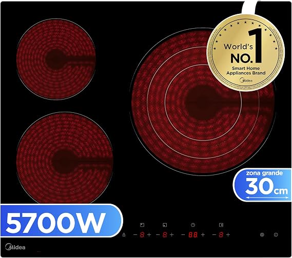MIDEA 3-burner glass plate 5700 W - Integrated glass ceramic with touch control panel, light indicator, timer, child lock and overheat protection