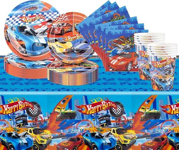 51pcs Party Tableware Set, Boys' Racing Game Birthday Decorations, Kid Race Car Paper Cups, Plates, Napkins and Tablecloth for 10 Guests