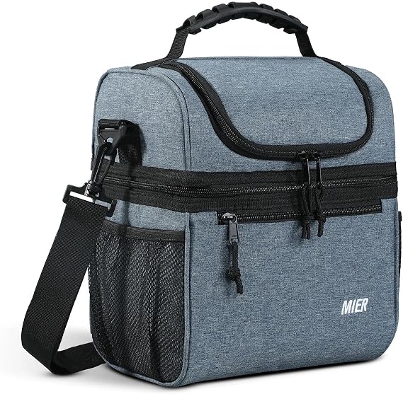 MIER Double Deck Lunch Bag Men with Detachable Shoulder Strap, Blue, 10L