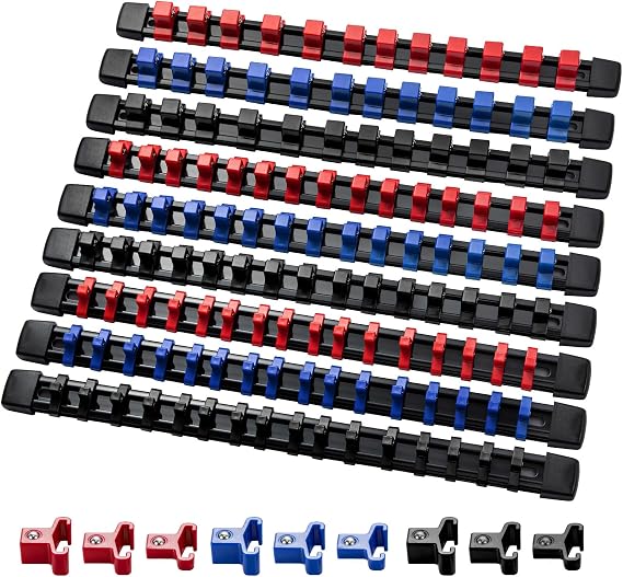 CROWNSHOP 9-Piece Socket Holder Storage Box for 1/4, 3/8, 1/2 Inches with Guide - ABS Organizer Clamping Tool