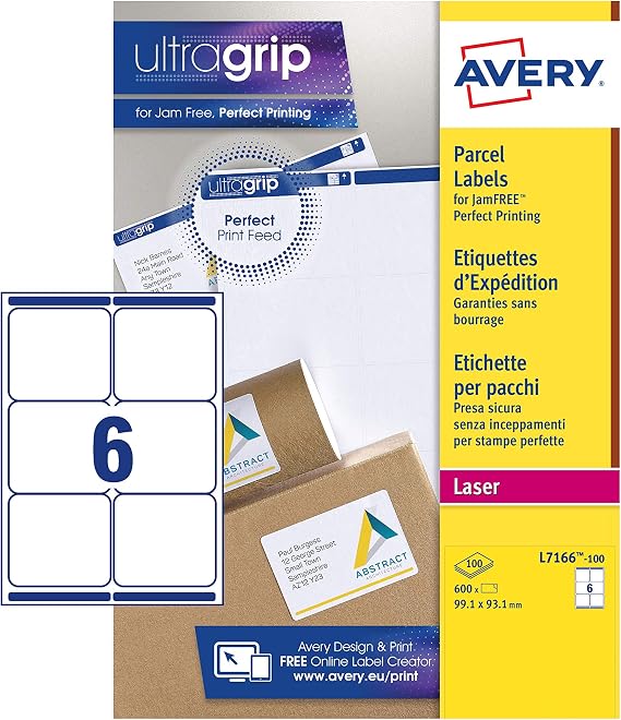 Avery L7166 Printable, Customisable Parcel Shipping Labels, Laser Printers, 6 Labels Per A4 Sheet, 600 Labels, UltraGrip, White,99,1 x 93,1 mm