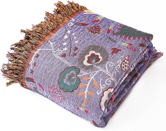 Cotton Bed Throw Blanket Double-sided Boho Throw Floral Leaf Patterned Sofa Throw Blanket Large Boho Bed Throw Bohemian Bedspread with Tassels for Sofa Bed Armchair, Purple, 150x200cm