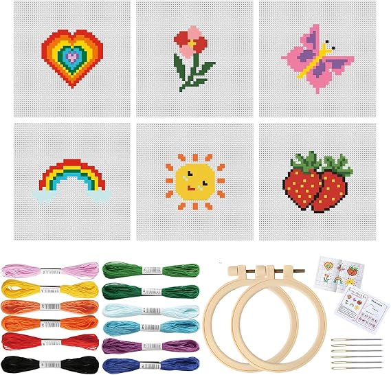 6 Pcs Cross Stitch Beginner Kit for Kids 8-15, Includes 6 Embroidery, 12 Colorful Embroidery Threads,6 Embroidery Needles,2Embroidery Hoops&Instructions - Heart Butterfly Rainbow Flower Sun Strawberry