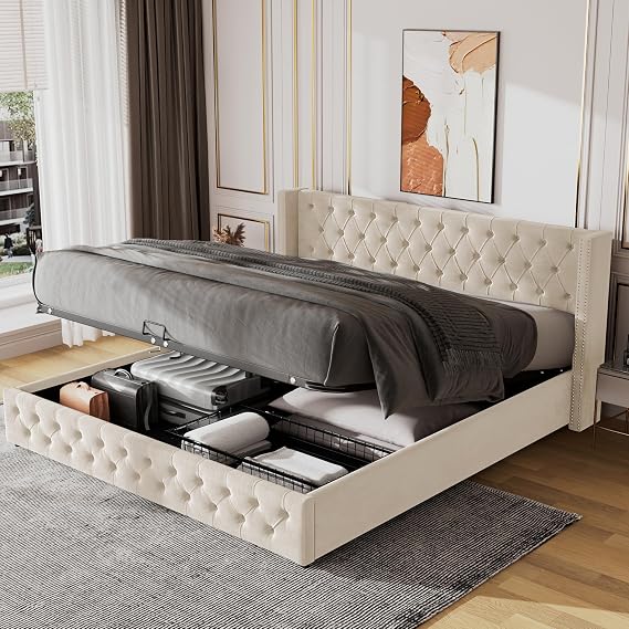 BTM Velvet Double Bed Frame, Upholstered Bed 135 * 190cm, Double Bed with Storage, Double Bed Frame with Headboard(No Mattress, Velvet)