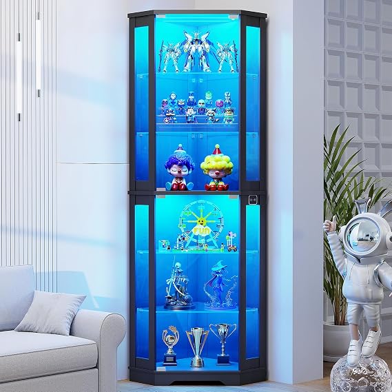 BROTTAR 71" Corner Display Cabinet with Glass Doors & 3 LED Lights