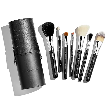 Sigma Beauty Travel Makeup Brush Set - 7 Piece Set with Premium Fibres Elegant Durable Handles and Storage Cup for Face & Eyes