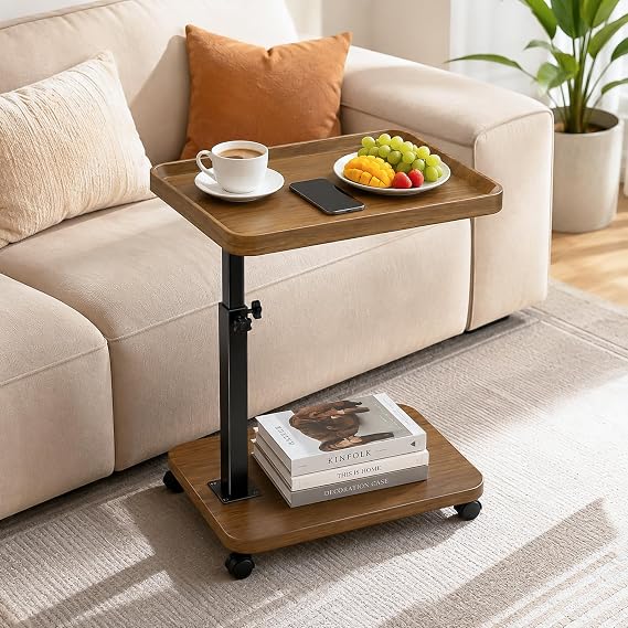 C Shaped Side Table, Adjustable Swivel Sofa Table with Wheels