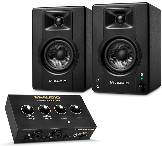 M-AUDIO BX3 Pair Bluetooth Studio Monitors Bundle with Dual XLR Audio Interface for Studio Recording, Music Production, Podcasting, Streaming