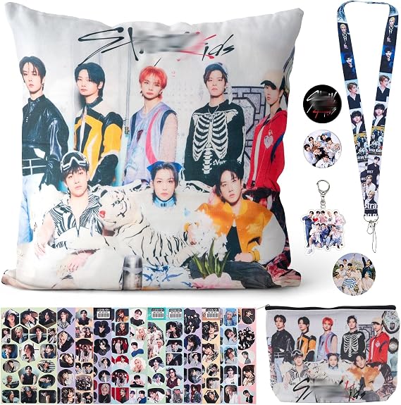 Stray Kids Merchandise Set, 19Pcs Merch Gift Set Including Cushion Cover Key Ring Phone Ring Lanyard Brooches Stickers and Makeup Bag, Suitable as a Birthday Gift for Fans