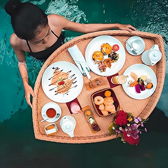 Swimming Pool Floating Breakfast Tray,Luxury Water Rattan Basket,Waterproof Durable for Open,Air Afternoon Tea, Dinner Plate, Party,Wedding Photography Leaf-Apricot