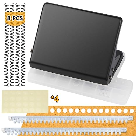 10 Hole Punch Binding Machine for Planner Mini Spiral Binding Punch Book Coil Binding Tool for A4, A5, B5 Paper, Includes 8 Spiral Spools, 2 Semi-Automatic Binders and 4 Sheets Hole Reinforcements