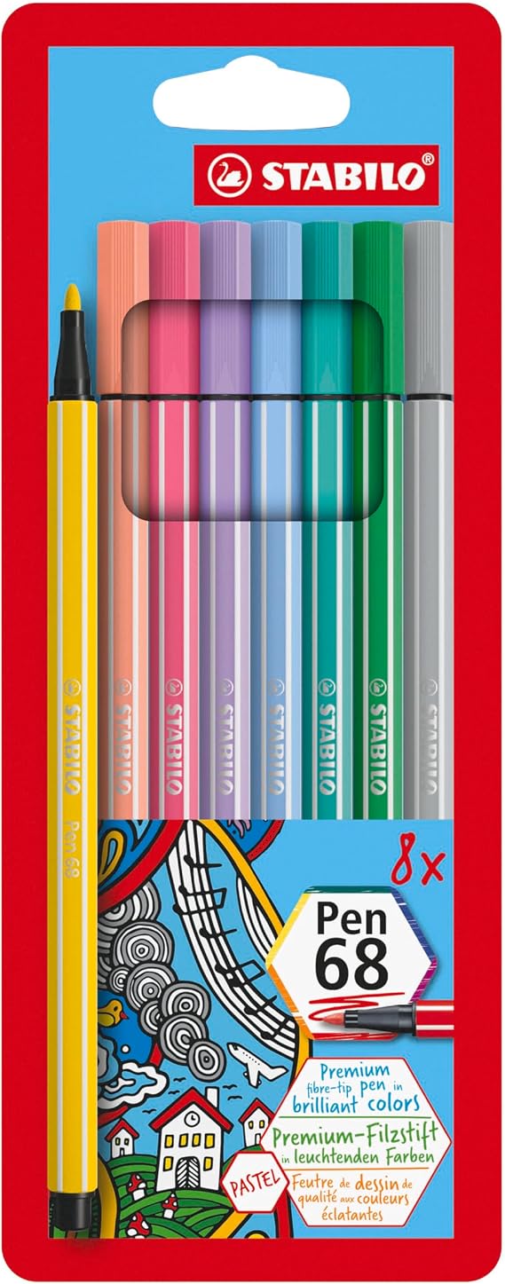 STABILO Pen 68 - Felt Tip Crayon - Package of 8 - Pastel Colors