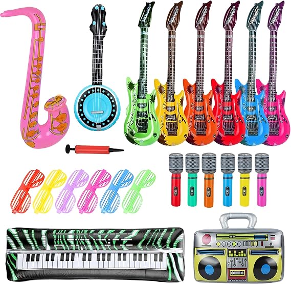 23PCS Inflatable Party Props, Inflatable Instruments Set, Blow Up Guitar Kids, Inflatable Pipa Saxophone Microphone Radio Keyboard Glasses for 80s 90s Themed Disco Party Photo Booth Decorations