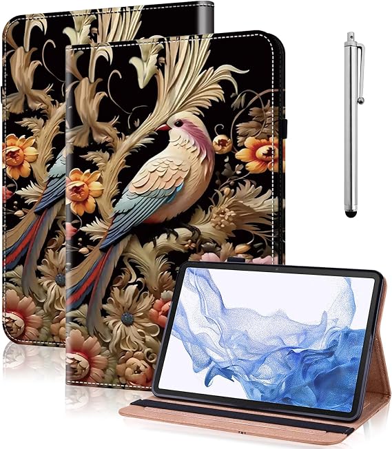 iPad Pro 13インチ M5/M4 2025/2024用ケース、PUレザータブレットケース フリップフォリオ マルチアングルビュースタンド保護カバー カードスロット付き - 花の鳥