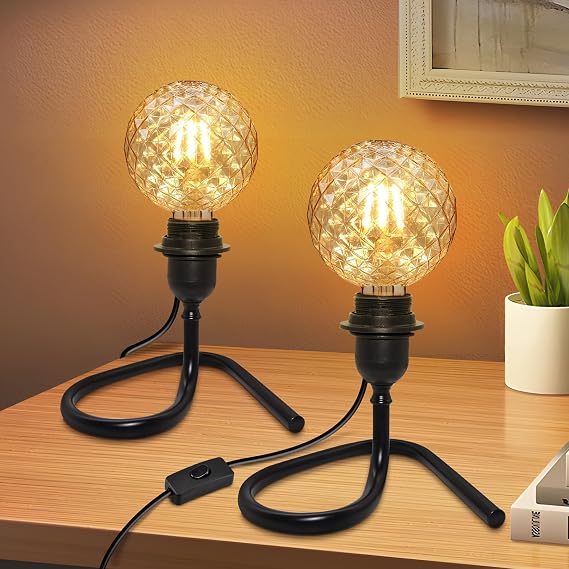 2 Pack Table Lamp Base with 240CM Cable, E27 Bulb Holder with Plug, Stable Triangular Iron Bracket, Black Metal Industrial Retro Table Lamp, Bedside Lamp for Bedroom, DIY Lampshade(No Bulb) [Energy Class E]