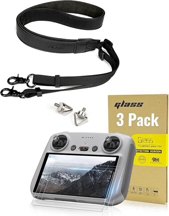 LKTOP Screen Protector+Lanyard for DJI 𝗥𝗖/𝗥𝗖𝟮 Remote Controller Accessories, HD Tempered Glass Film 50-63'' Adjustable Neck Strap for DJI Mini 4/3 Series, Mavic 3 Series, Air 3, Air 2S