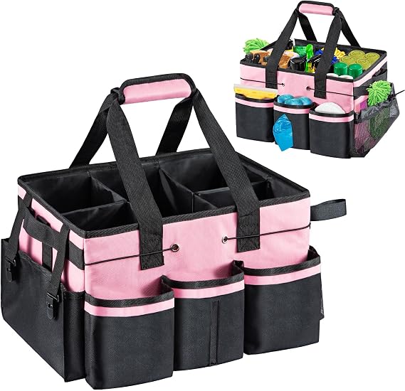Cleaning Caddy Organizer with Handle, Large Multi-Compartment Cleaning Tote Bag with Removable Dividers, Adjustable Shoulder Strap & Waist Belt for Cleaning Supplies (PINK)