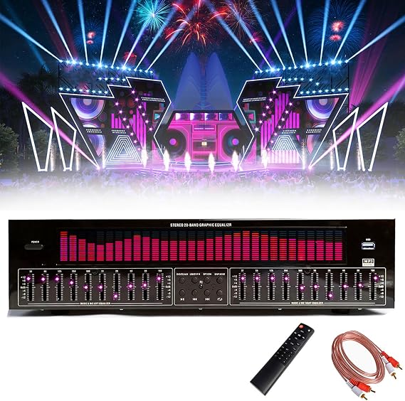 31-Band Digital Equalizer Stereo Graphic Equalizer with Remote Control, Audio Cable, 12 Rhythm Patterns, Automatic Noise Reduction, LED Spectrum Analyzer for Recording Studio